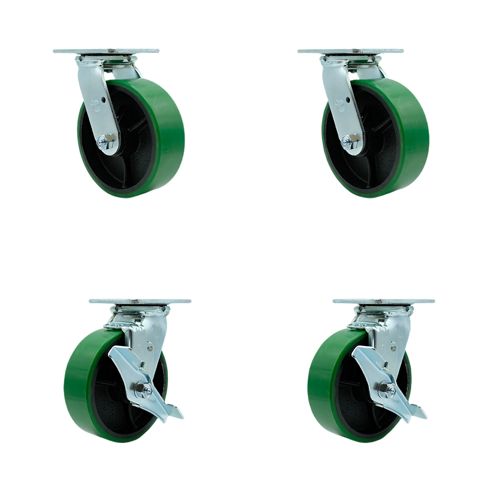 Tool Box Caster Wheel Set - 6 Inch Non-Marking, Easy Rolling Green Polyurethane on Cast Iron Wheels - Industrial Grade - 2 Swivel with Top Lock Brakes - Service Caster Brand — photo 1