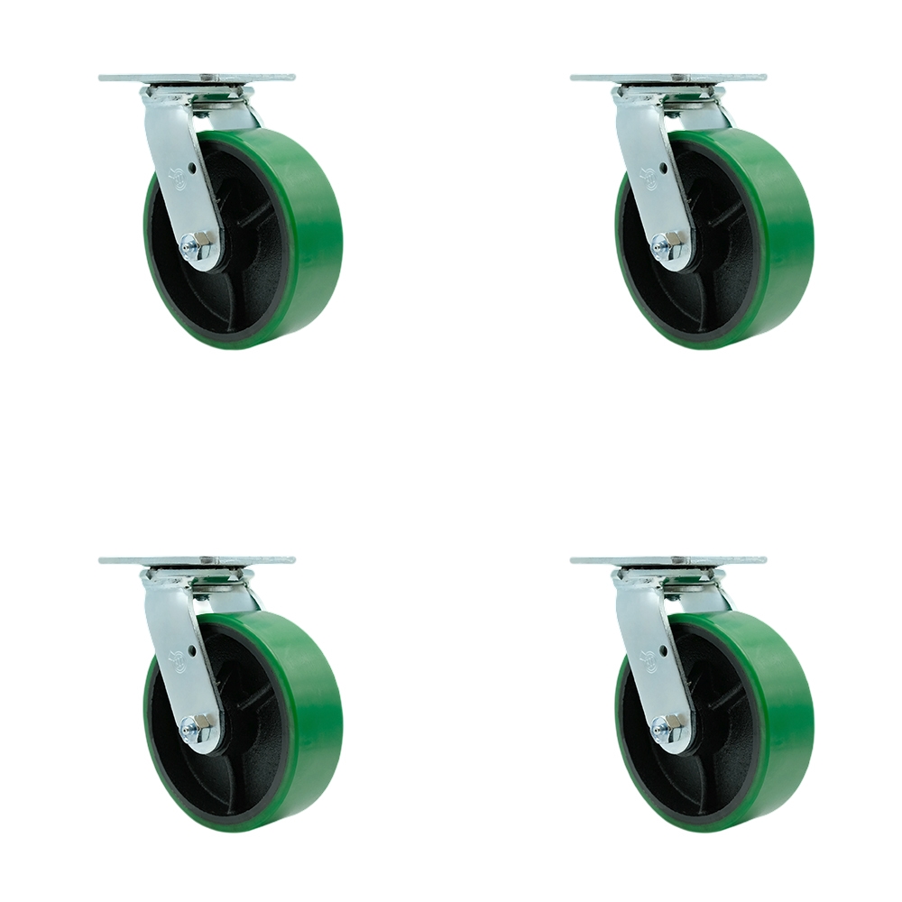 Heavy Duty Swivel Caster Set of 4 with 6 Inch Green Polyurethane on Cast Iron Wheels and Ball Bearings - Includes 4 Swivel - 4,800 lbs. Total Capacity - Service Caster Brand — photo 1