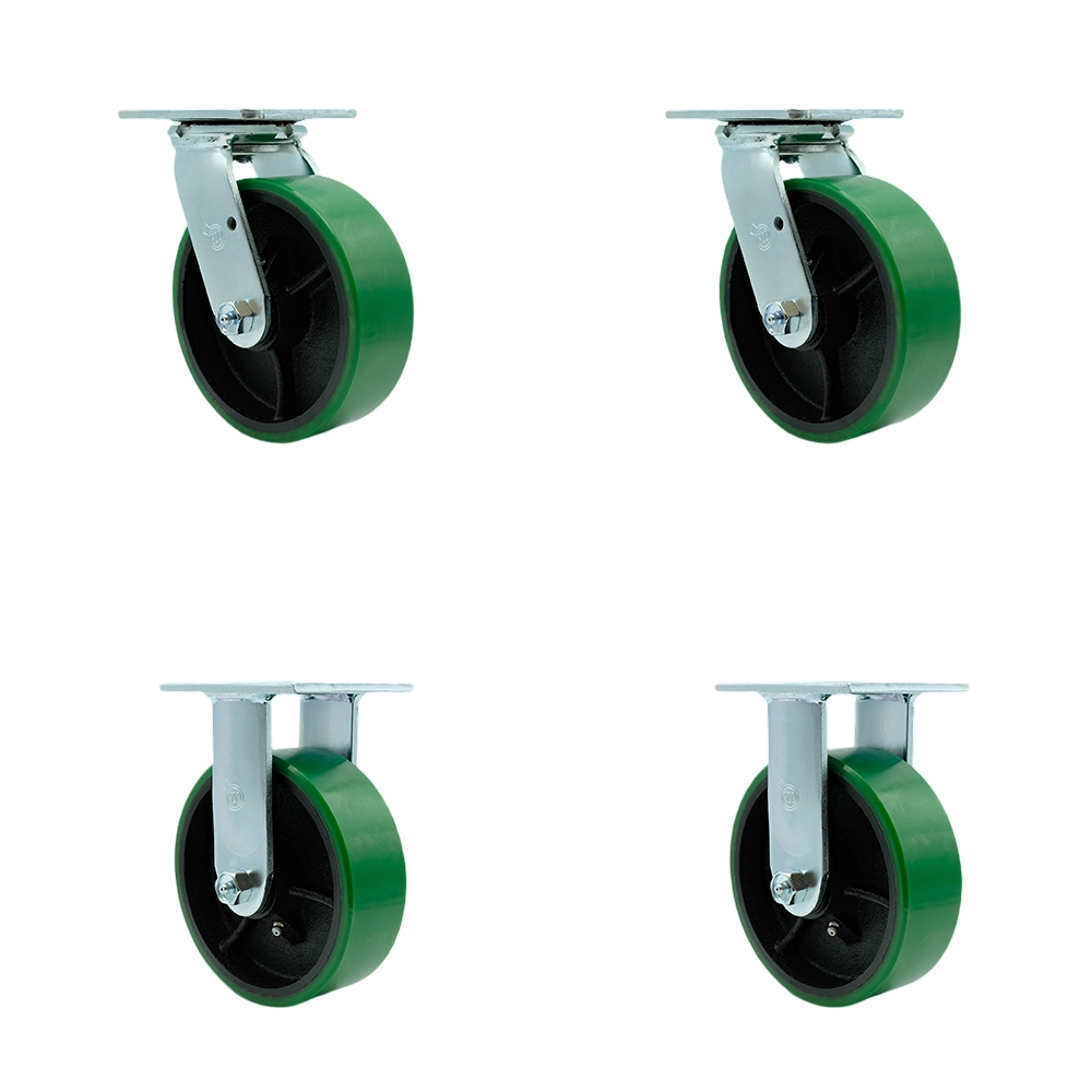 Heavy Duty Swivel Caster Set with 6 Inch Green Polyurethane on Cast Iron Wheels and Ball Bearings-Includes 2 Swivel with Bolt on Swivel Locks and 2 Rigid-4,800 lbs. Total Capacity-Service Caster Brand — photo 1