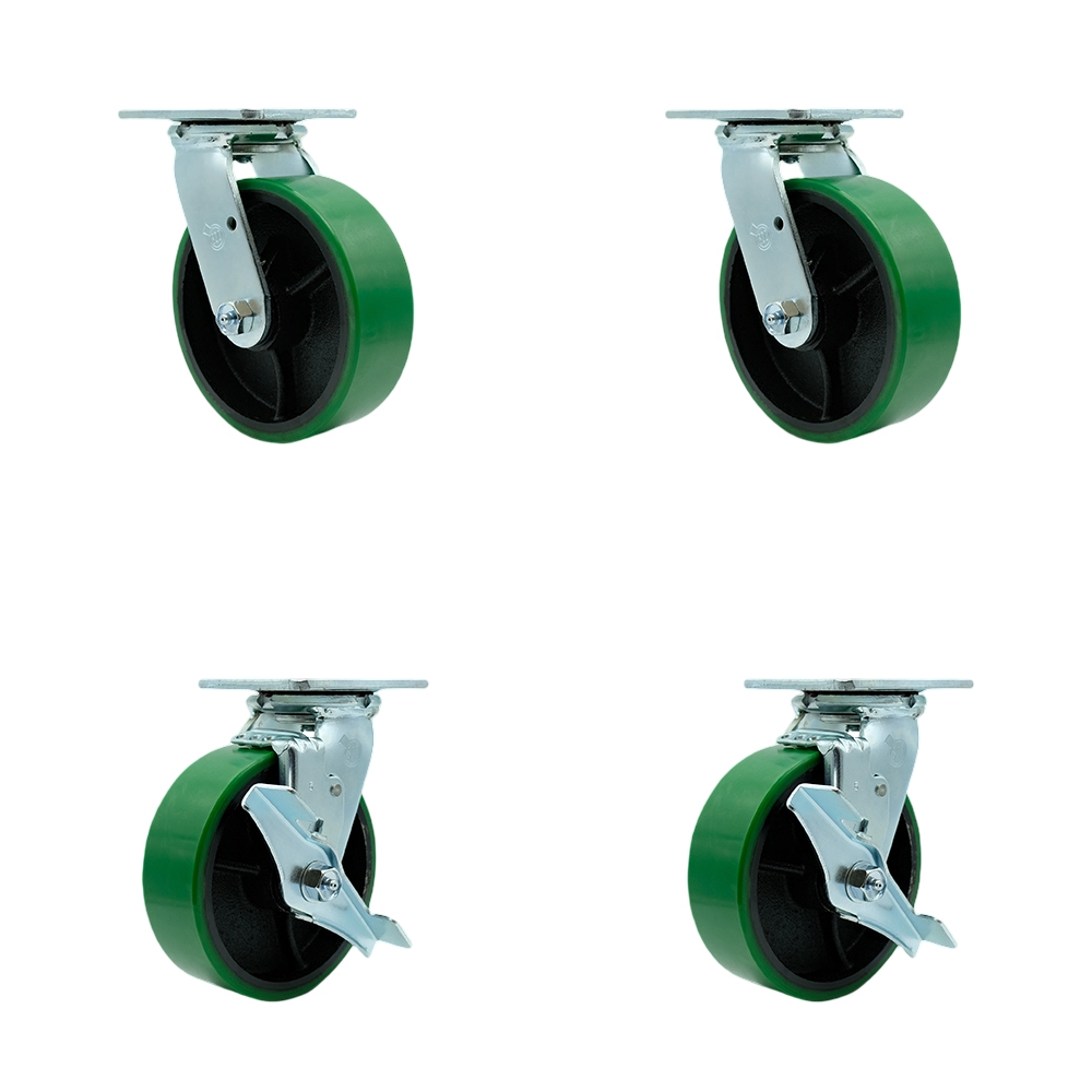 Heavy Duty Swivel Caster Set of 4 with 6 Inch Green Polyurethane on Cast Iron Wheels and Ball Bearings - Includes 2 Swivel with Bolt on Swivel Locks and 2 Swivel with Brakes - Service Caster Brand — photo 1