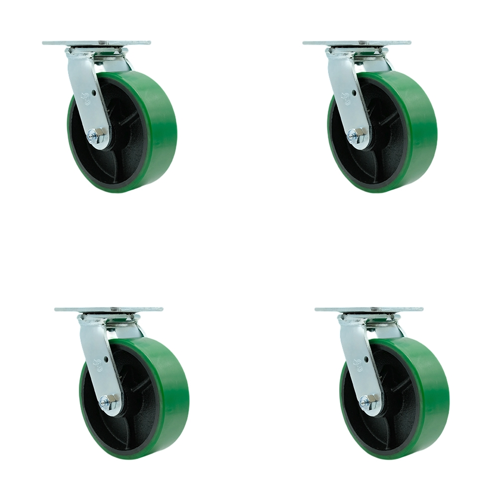 Heavy Duty Swivel Caster Set of 4 with 6 Inch Green Polyurethane on Cast Iron Wheels and Ball Bearings - Includes 4 Swivel with Bolt on Swivel Locks - 4,800 lbs. Total Capacity - Service Caster Brand — photo 1