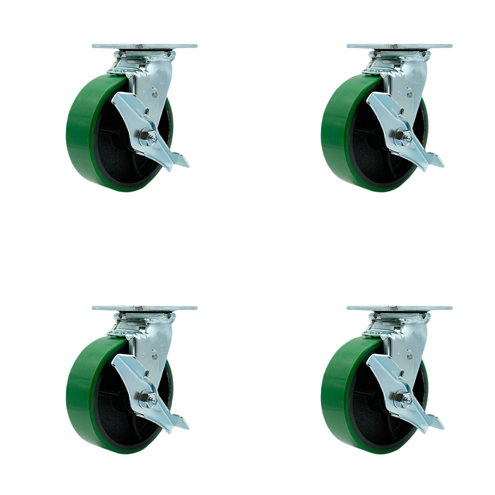Tool Box Caster Wheel Set - 6 Inch Non-Marking, Maintenance Free Green Polyurethane on Cast Iron Wheels - Industrial Grade - 4 Swivel Casters with Top Lock Brakes - Service Caster Brand — photo 1