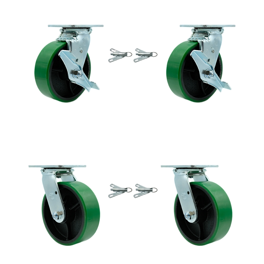 Heavy Duty Swivel Caster Set with 6 Inch Green Poly on Cast Iron Wheels and Ball Bearings-Include 2 Swivel with Brake and Bolt on Swivel Lock and 2 Swivel with Bolt on Swivel Lock-Service Caster Brand — photo 1