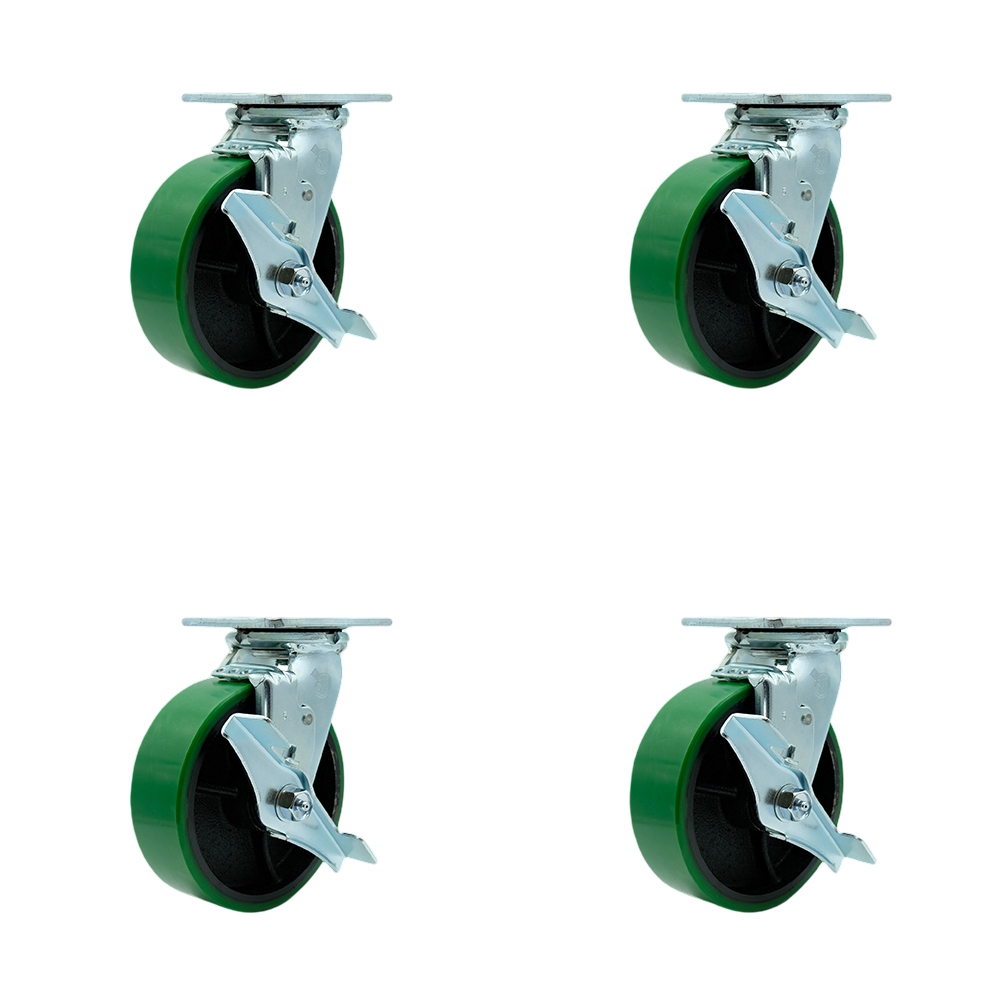 Kingpinless Poly on Cast Iron Swivel Top Plate Caster Set 4 w/6" x 2" Green Wheels-Includes 2 Swivel with Brakes and Bolt on Swivel Locks&2 Swivel with Brakes-4800 lbs Total Cpty- Service Caster Brand — photo 1