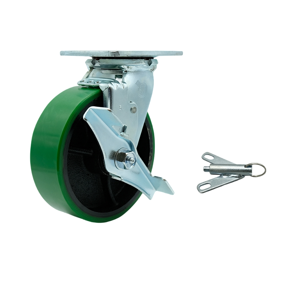 Polyurethane on Cast Iron Swivel Top Plate Heavy Duty Caster with 6 Inch Green Wheel and Top Lock Brake and Bolt on Swivel Lock – 1,200 lbs. Capacity/Caster - Service Caster Brand — photo 1