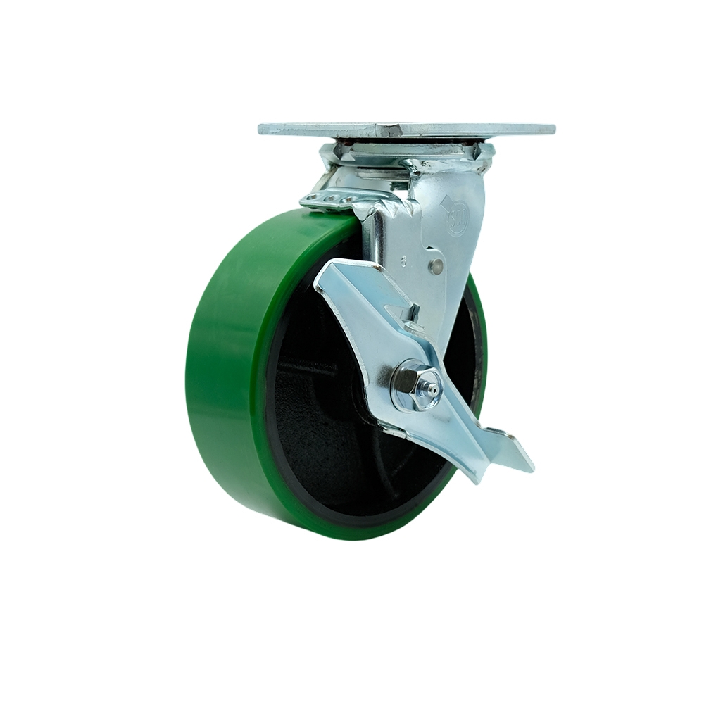 Heavy Duty Swivel Top Plate Caster with Top Lock Brake and 6 Inch Red Polyurethane on Cast Iron Wheel with Ball Bearings - 1,200 lbs. Capacity/Caster - Service Caster Brand — photo 1