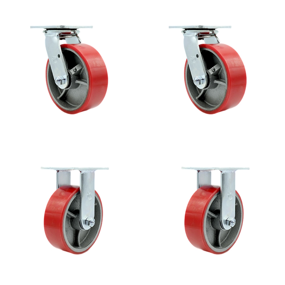 Polyurethane on Cast Iron Swivel Top Plate Casters Set of 4 Heavy Duty with 6 Inch Red Wheels - Includes 2 Swivel and 2 Rigid – 4,800 lbs. Total Capacity - Service Caster Brand — photo 1