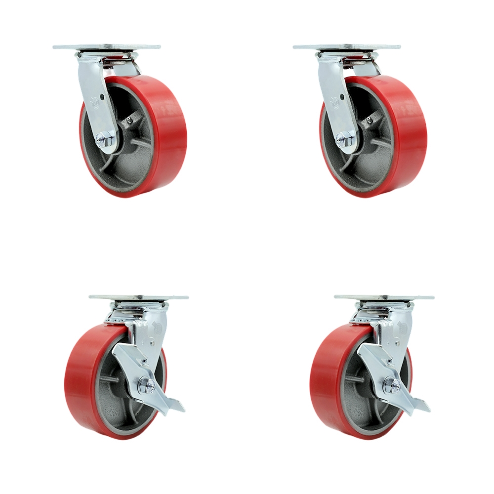 Tool Box Caster Wheel Set - 6 Inch Non-Marking, Easy Rolling Red Polyurethane on Cast Iron Wheels - Industrial Grade - 2 Swivel with Top Lock Brakes - Service Caster Brand — photo 1