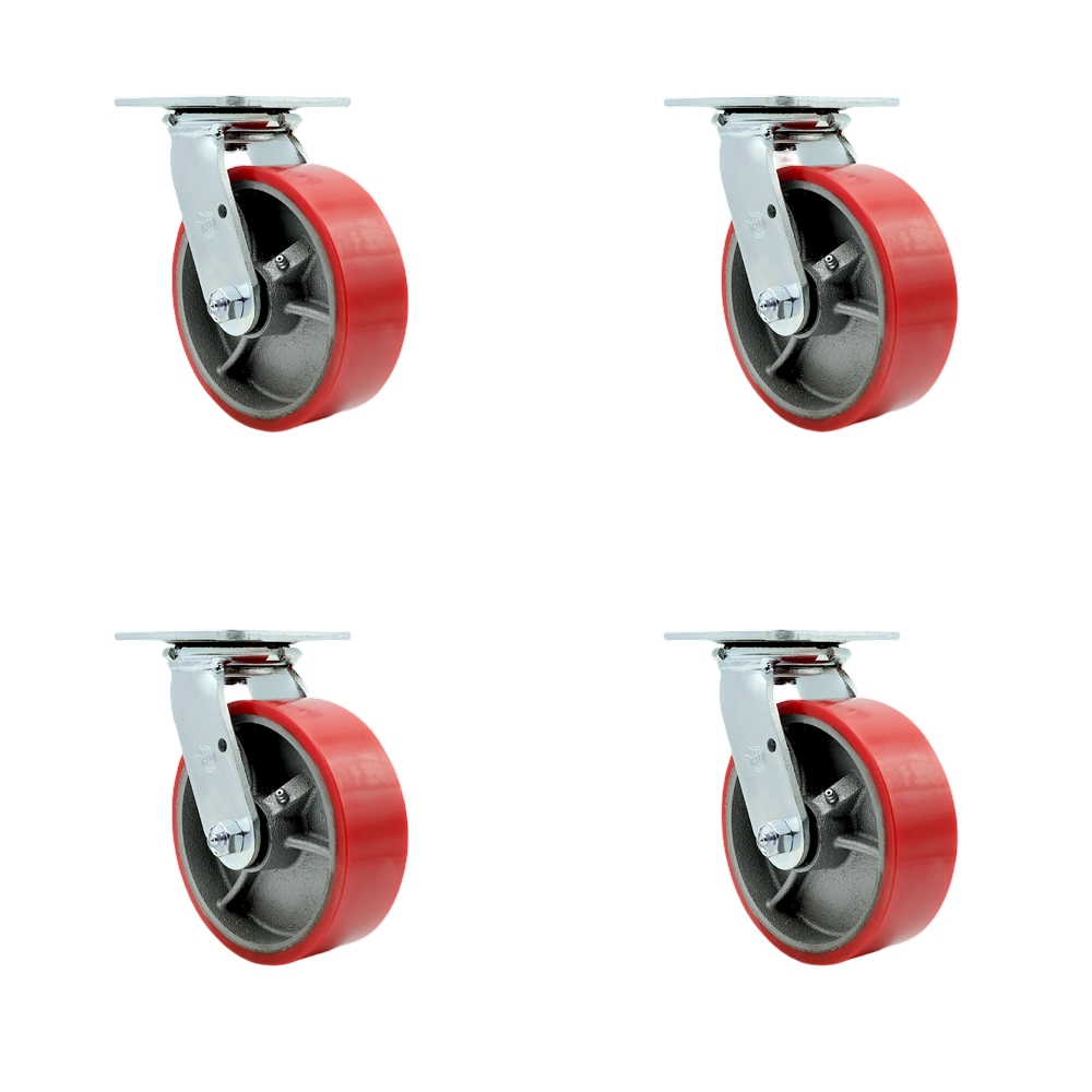 Heavy Duty Swivel Caster Set of 4 with 6 Inch Red Polyurethane on Cast Iron Wheels and Ball Bearings - Includes 4 Swivel - 4,800 lbs. Total Capacity - Service Caster Brand — photo 1