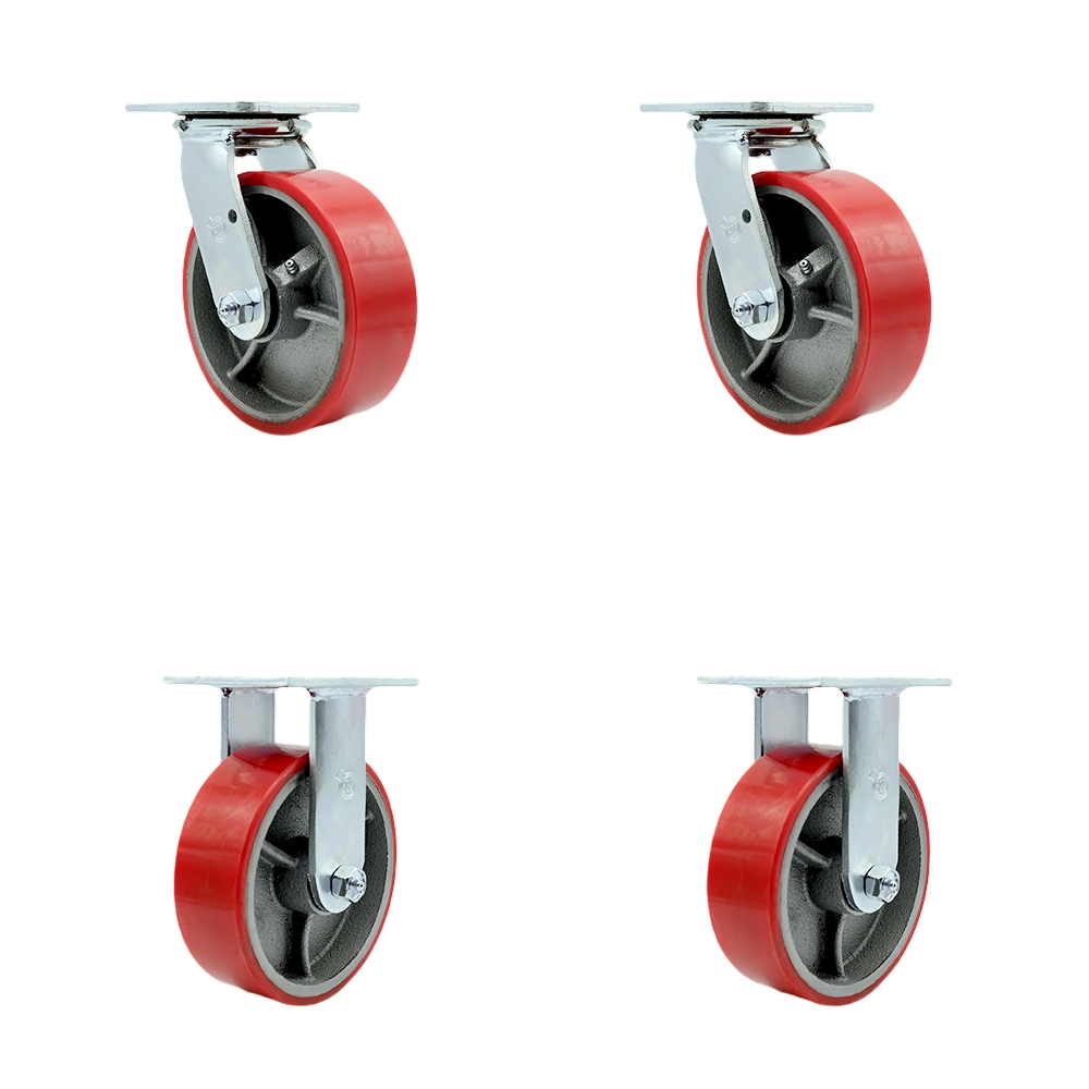 Heavy Duty Swivel Caster Set with 6 Inch Red Polyurethane on Cast Iron Wheels and Ball Bearings-Includes 2 Swivel with Bolt on Swivel Locks and 2 Rigid-4,800 lbs. Total Capacity-Service Caster Brand — photo 1