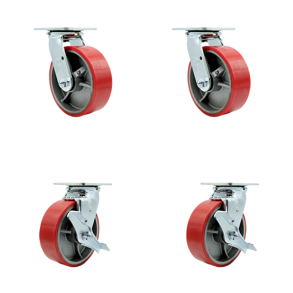 Polyurethane on Cast Iron Swivel Top Plate Casters Set of 4 Heavy Duty with 6 Inch Red Wheels - Includes 2 Swivel with Bolt on Swivel Locks and 2 Swivel with Brakes - Service Caster Brand — photo 1