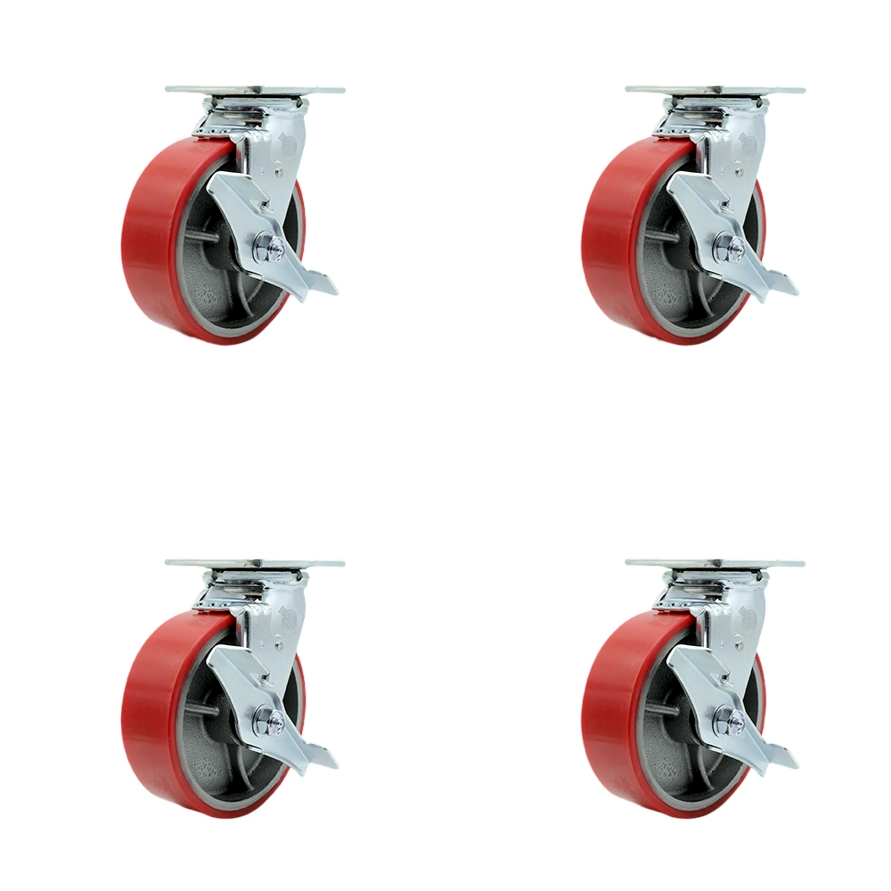 Tool Box Caster Wheel Set - 6 Inch Non-Marking, Easy Rolling Red Polyurethane on Cast Iron Wheels - Industrial Grade - 4 Swivel Casters with Top Lock Brakes - Service Caster Brand — photo 1