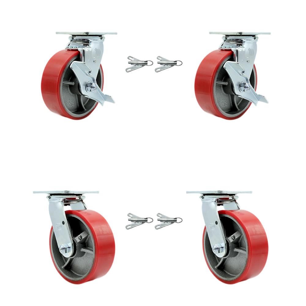 Heavy Duty Swivel Caster Set with 6 Inch Red Poly on Cast Iron Wheels and Ball Bearings-Include 2 Swivel with Brake and Bolt on Swivel Lock and 2 Swivel with Bolt on Swivel Lock-Service Caster Brand — photo 1