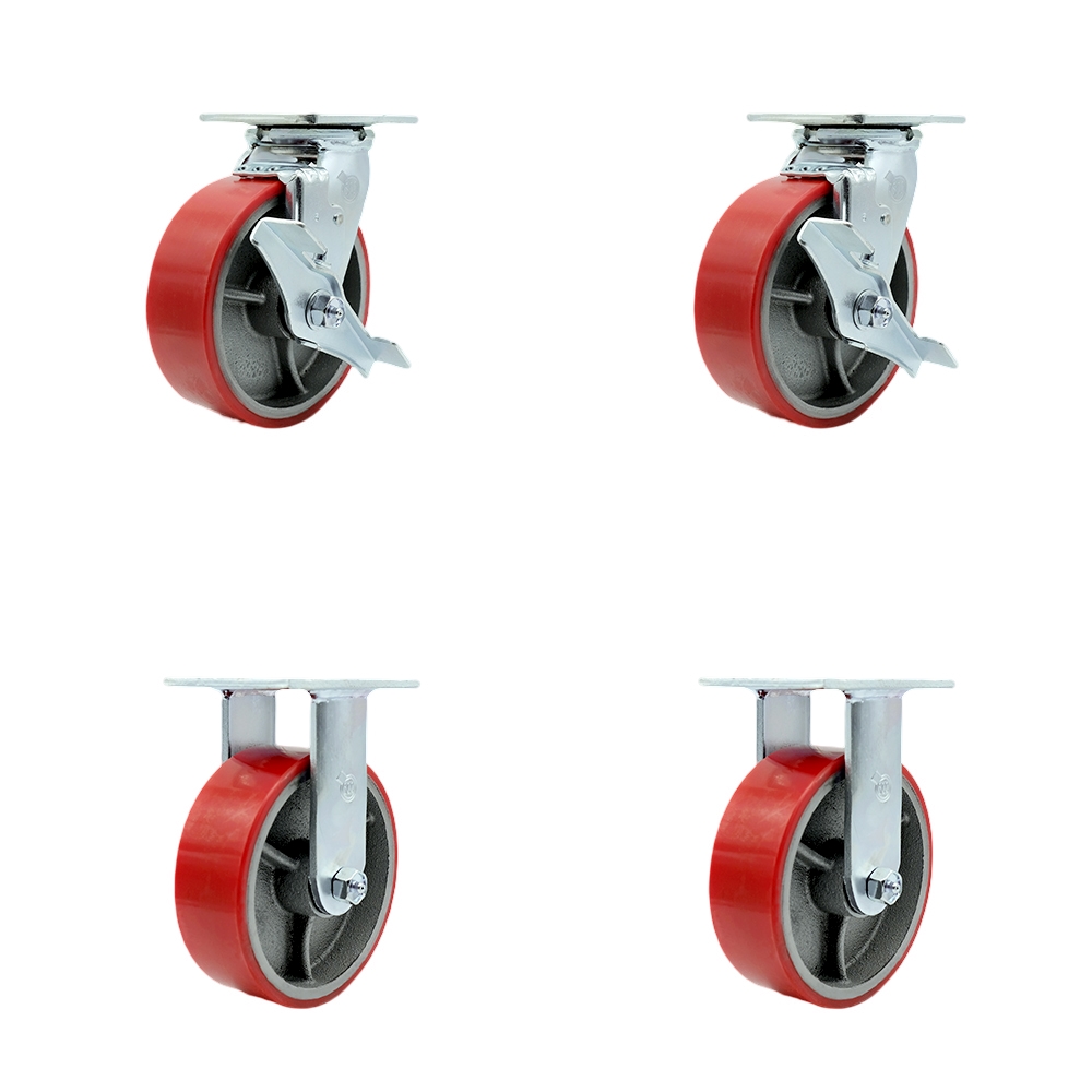 Heavy Duty Swivel Caster Set of 4 with 6 Inch Red Polyurethane on Cast Iron Wheels and Ball Bearings - Includes 2 Swivel with Brakes and Bolt on Swivel Locks and 2 Rigid - Service Caster Brand — photo 1