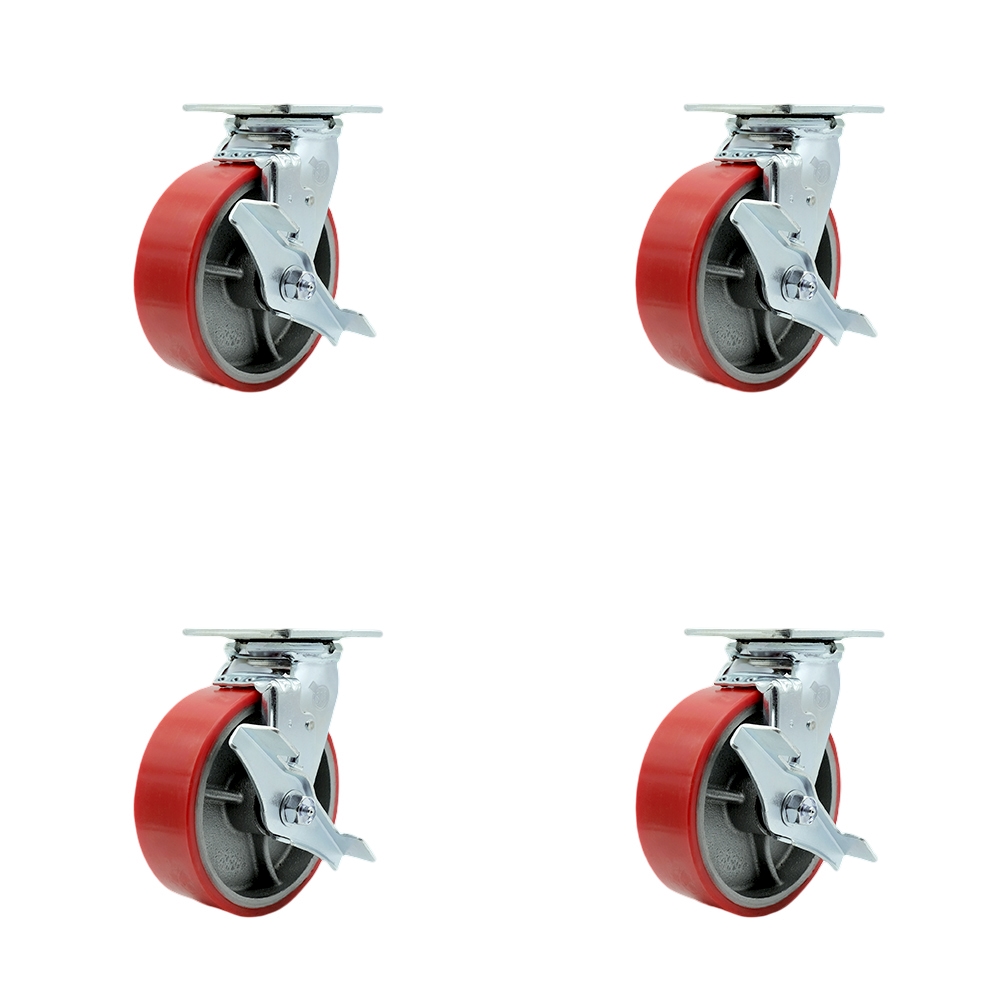 Heavy Duty Swivel Caster Set with 6 Inch Red Polyurethane on Cast Iron Wheels and Ball Bearings-Includes 2 Swivel with Brakes and Bolt on Swivel Locks and 2 Swivel with Brakes - Service Caster Brand — photo 1