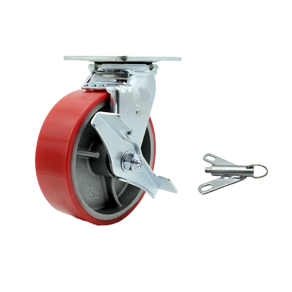 Polyurethane on Cast Iron Swivel Top Plate Heavy Duty Caster with 6 Inch Red Wheel and Top Lock Brake and Bolt on Swivel Lock – 1,200 lbs. Capacity/Caster - Service Caster Brand — photo 1