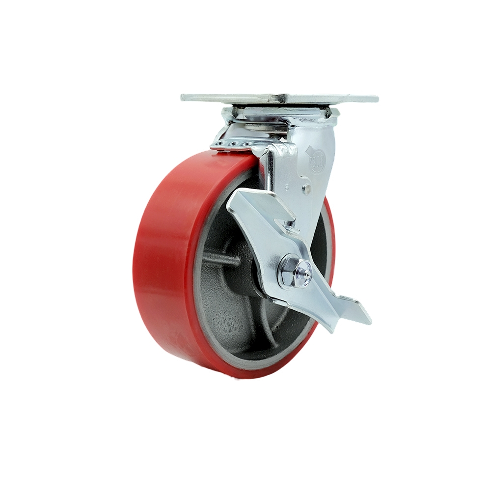 6" Heavy Duty Swivel Caster with Red Polyurethane on Iron Wheel and Brake - 1,200 lbs Capacity - Service Caster Brand — photo 1
