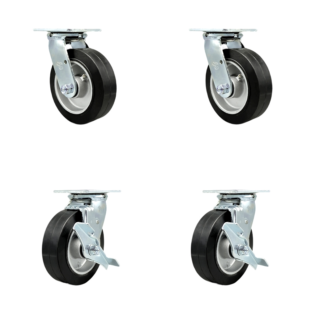 Stainless Steel Heavy Duty Swivel Caster Set with 6 Inch Rubber on Aluminum Wheels and Delrin Bearings-Includes 2 Swivel with Bolt on Swivel Locks and 2 Swivel with Brakes-Service Caster Brand — photo 1