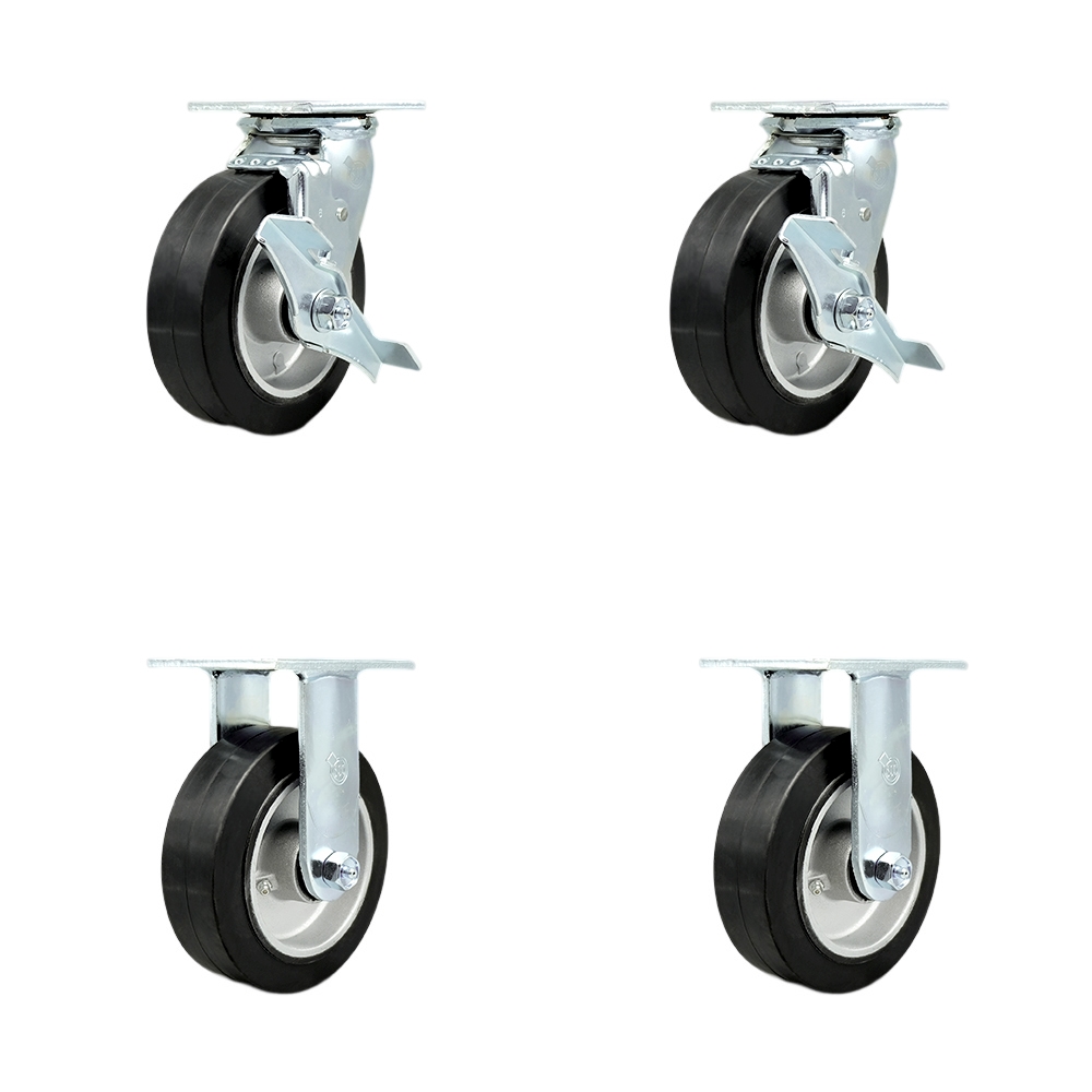 Rubber on Aluminum Swivel Top Plate Casters Set of 4 Heavy Duty with 6 Inch Wheels - Includes 2 Swivel with Brakes and 2 Rigid – 2,200 lbs. Total Capacity - Service Caster Brand — photo 1