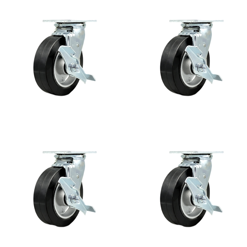 Stainless Steel Rubber on Aluminum Swivel Top Plate Casters Set of 4 Heavy Duty with 6 Inch Wheels - Includes 4 Swivel with Top Lock Brakes – 2,200 lbs. Total Capacity - Service Caster Brand — photo 1