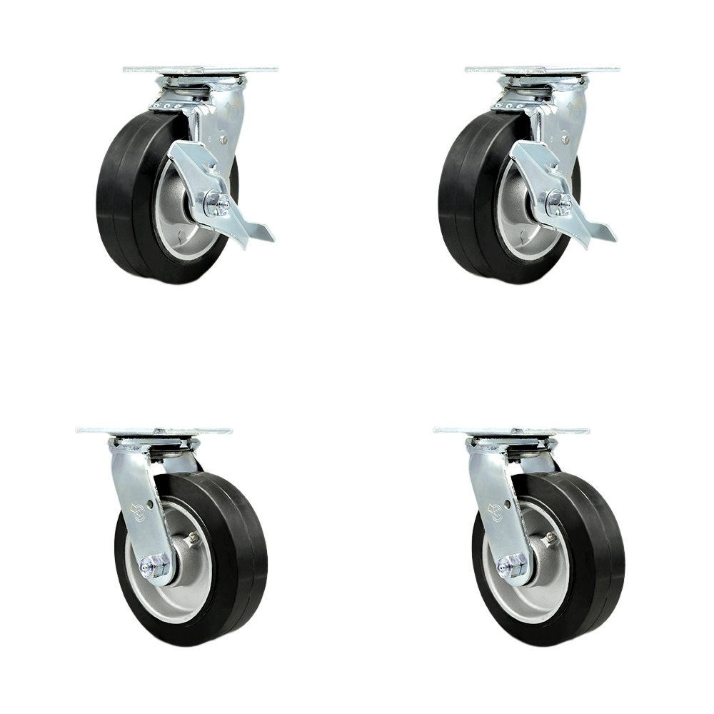 Stainless Heavy Duty Swivel Caster Set with 6 Inch Rubber on Aluminum Wheels and Delrin Bearing-Include 2 Swivel w/Brake and Bolt on Swivel Lock and 2 Swivel w/Bolt on Swivel Lock-Service Caster Brand — photo 1