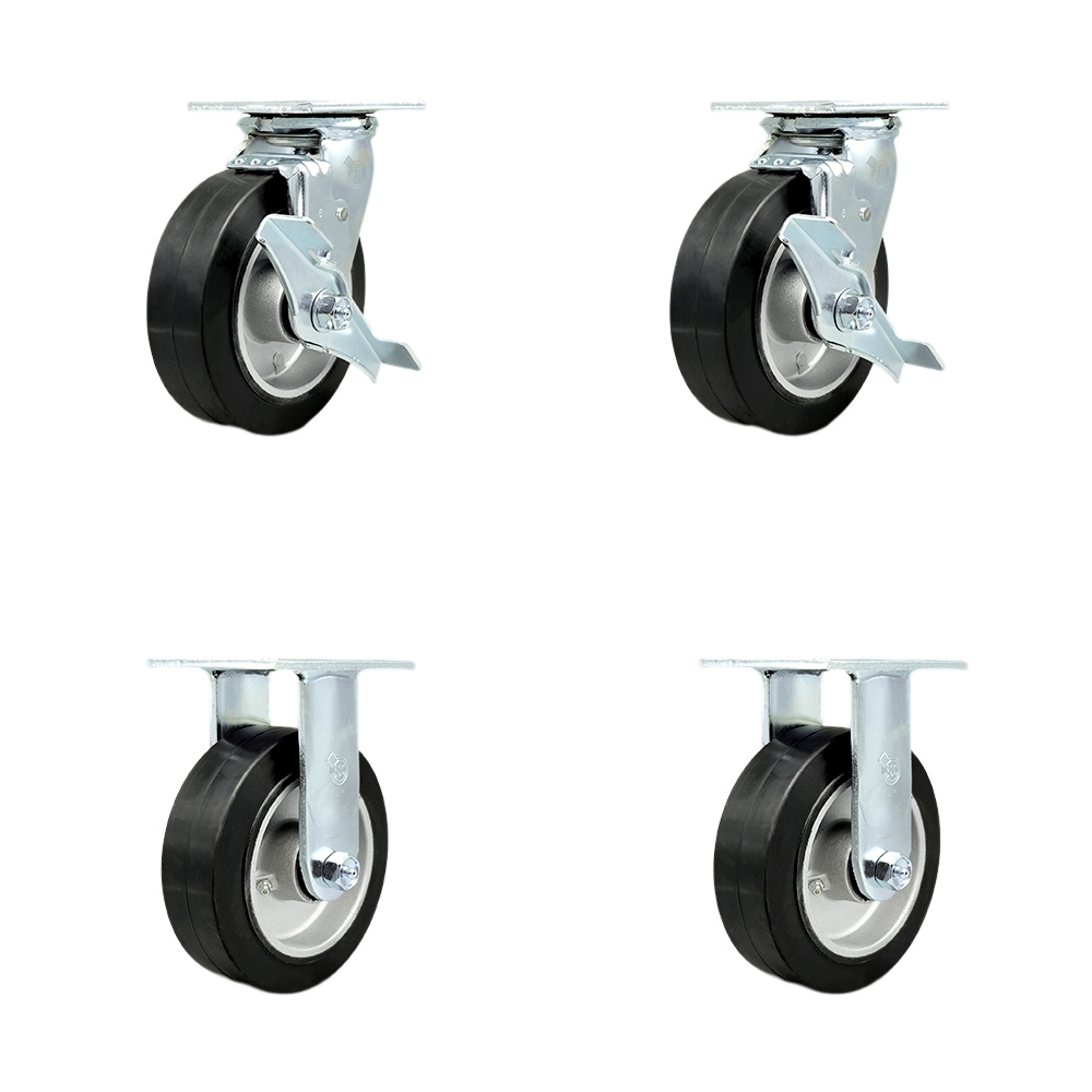 Rubber on Aluminum Swivel Top Plate Casters Set of 4 Heavy Duty with 6 Inch Wheels - Includes 2 Swivel with Brakes and Bolt on Swivel Locks and 2 Rigid-2,200 lbs. Total Capacity - Service Caster Brand — photo 1