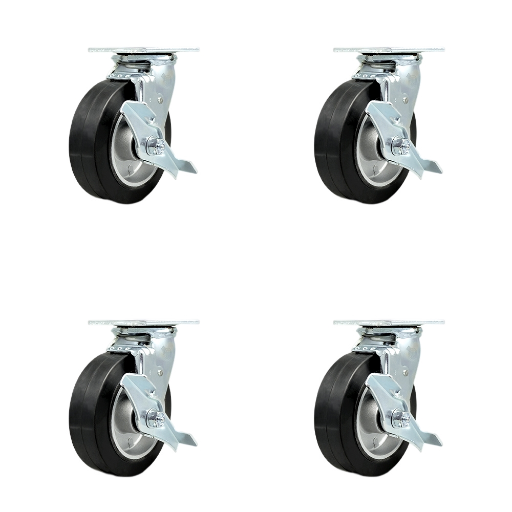 Rubber on Aluminum Swivel Top Plate Casters Set of 4 Heavy Duty with 6 Inch Wheels - Includes 2 Swivel with Brakes and Bolt on Swivel Locks and 2 Swivel with Brakes - Service Caster Brand — photo 1
