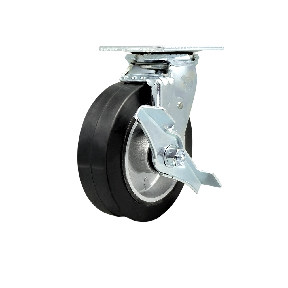 Stainless Steel Heavy Duty Swivel Top Plate Caster with Top Lock Brake and 6 Inch Rubber on Aluminum Wheel with Delrin Bearings - 550 lbs. Capacity/Caster - Service Caster Brand — photo 1