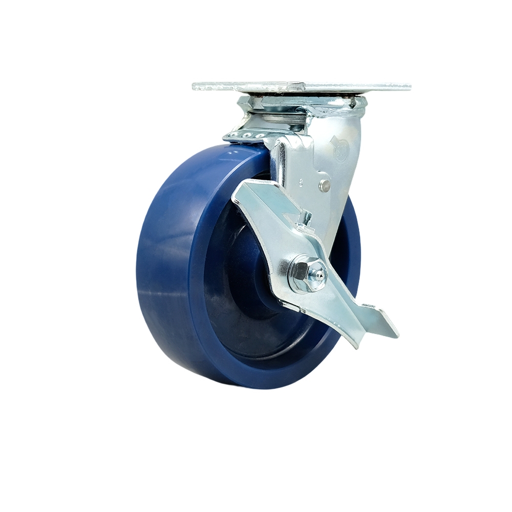 6" Heavy Duty Swivel Caster with Blue Solid Polyurethane Wheel and Brake - 1,200 lbs Capacity - Service Caster Brand — photo 1