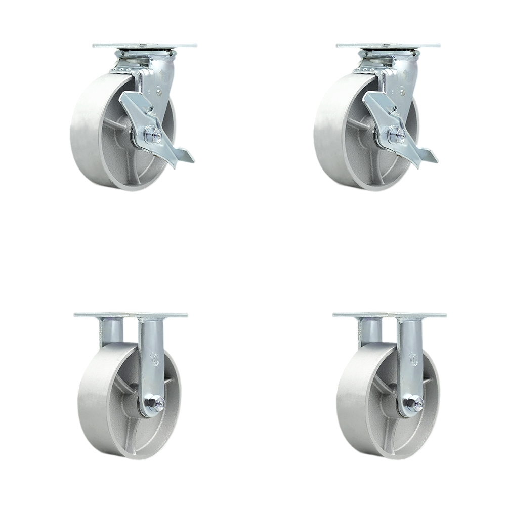 Tool Box Caster Wheel Set - 6 Inch Flat Free, Zero Maintenance Semi Steel Cast Iron Wheels - Industrial Grade - 2 Swivel with Top Lock Brakes - Service Caster Brand — photo 1