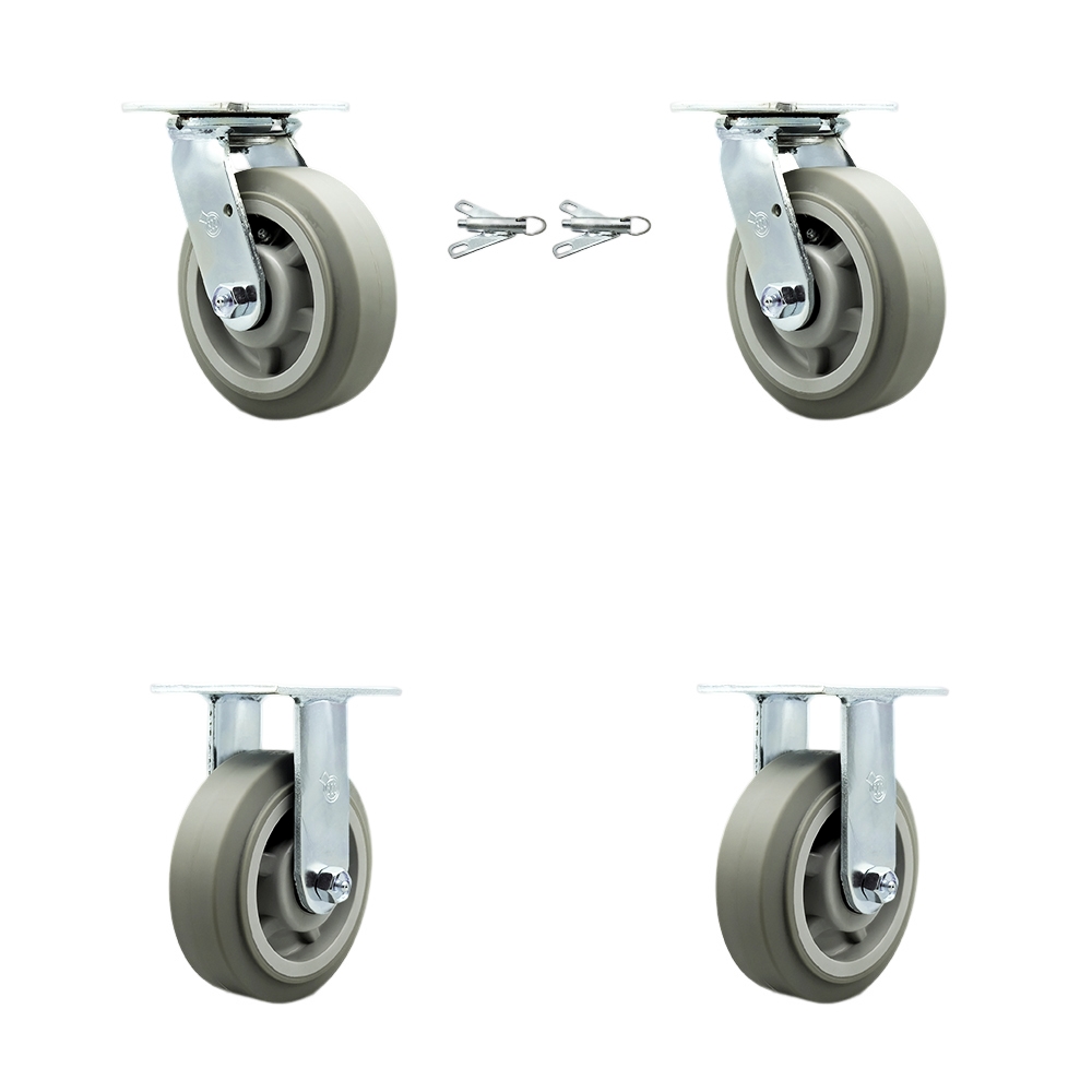 Thermoplastic Rubber Flat Tread Swivel Top Plate Casters Set of 4 Heavy Duty with 6 Inch Wheels- Includes 2 Swivel with Bolt on Swivel Locks and 2 Rigid–2,000 lbs. Total Capacity- Service Caster Brand — photo 1