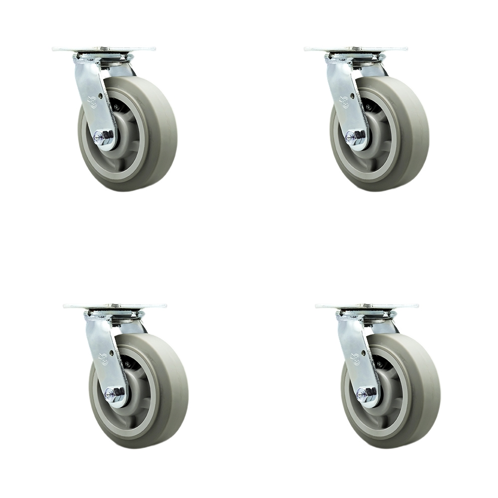 Thermoplastic Rubber Flat Tread Swivel Top Plate Casters Set of 4 Heavy Duty with 6 Inch Wheels - Includes 4 Swivel with Bolt on Swivel Locks – 2,000 lbs. Total Capacity - Service Caster Brand — photo 1