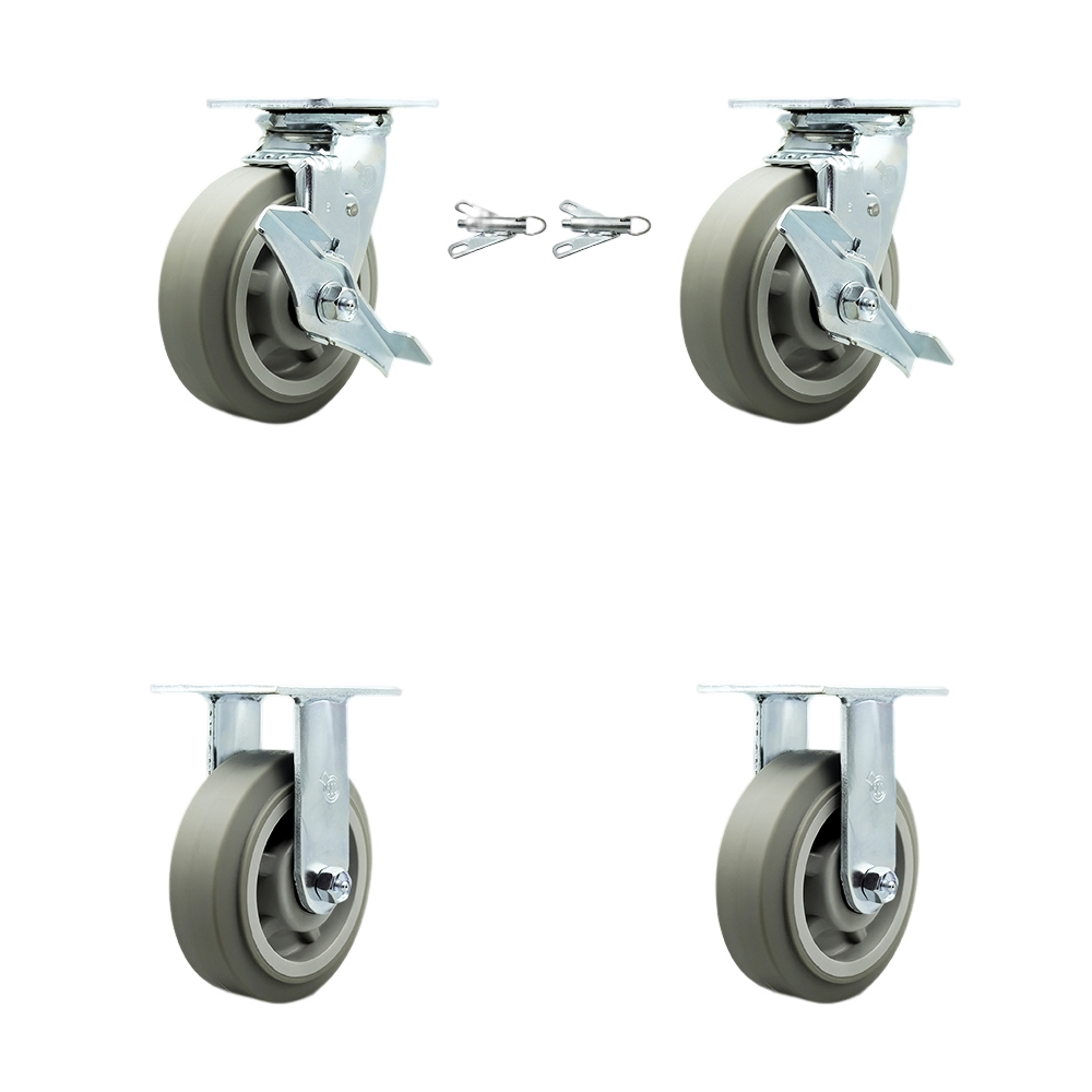 Thermoplastic Rubber Flat Tread Swivel Top Plate Casters Set of 4 Heavy Duty with 6 Inch Wheels - Includes 2 Swivel with Brakes and Bolt on Swivel Locks and 2 Rigid - Service Caster Brand — photo 1