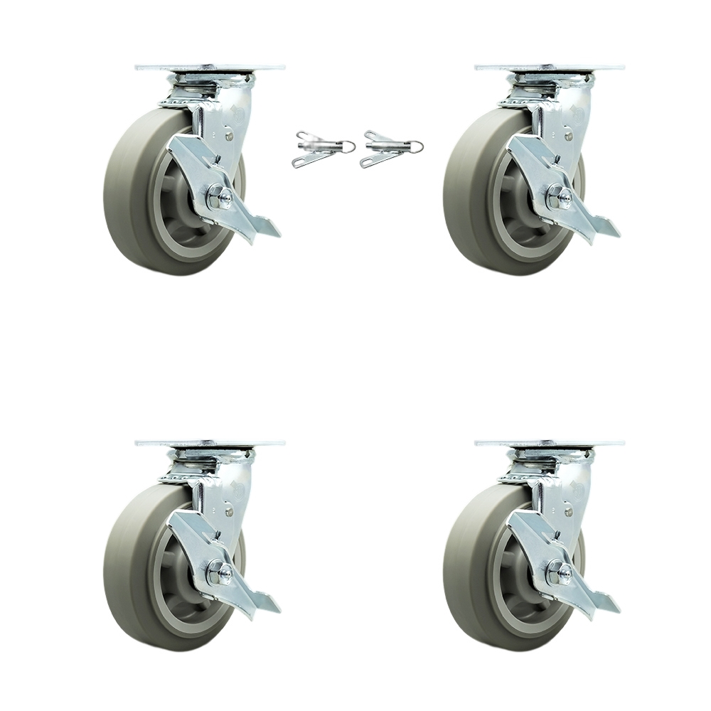 Heavy Duty Swivel Caster Set of 4 with 6 Inch Thermoplastic Rubber Flat Tread Wheels and Ball Bearing-Includes 2 Swivel with Brake and Bolt on Swivel Lock and 2 Swivel with Brake- Service Caster Brand — photo 1