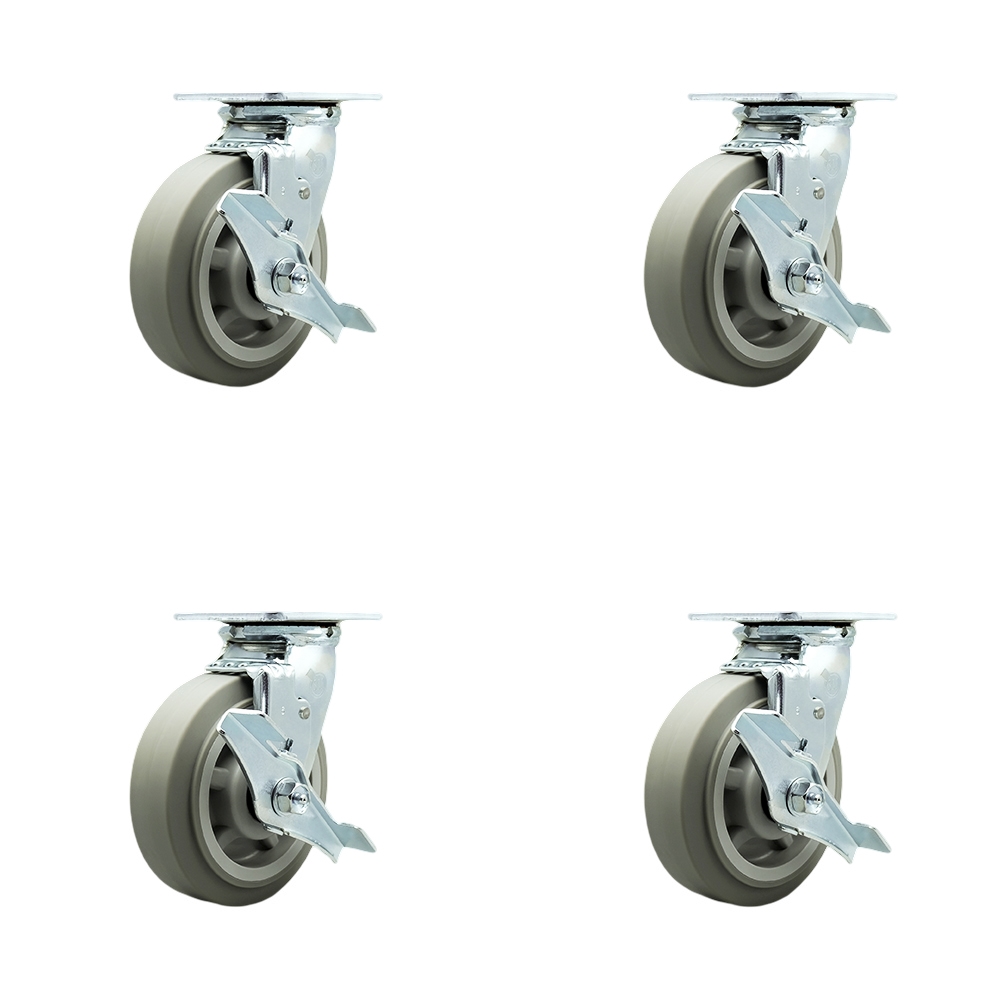 Thermoplastic Rubber Flat Tread Swivel Top Plate Casters Set of 4 Heavy Duty with 6 Inch Wheels- Includes 4 Swivel with Top Lock Brakes and Swivel Locks–2,000 lbs. Total Capacity- Service Caster Brand — photo 1