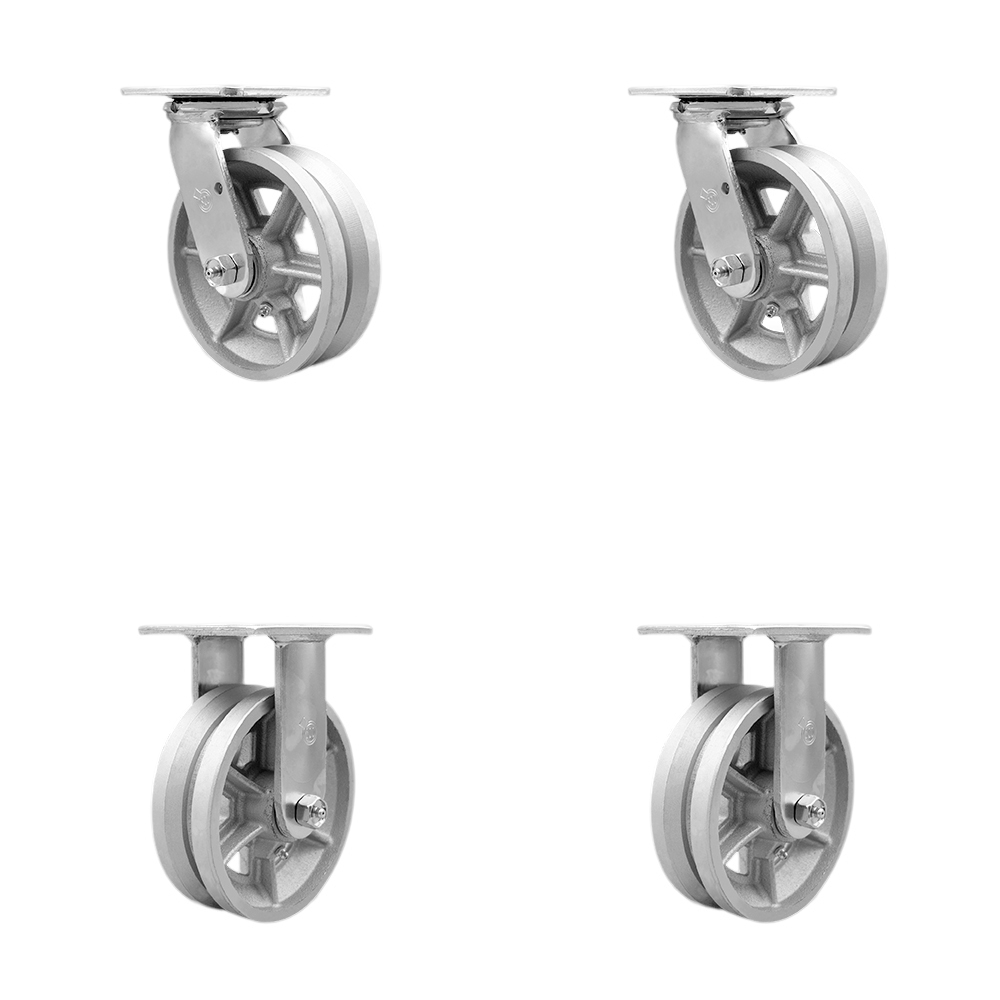 Heavy Duty Swivel Caster Set of 4 with 6 Inch V Groove Semi Steel Cast Iron Wheels and Ball Bearings - Includes 2 Swivel and 2 Rigid - 4,800 lbs. Total Capacity - Service Caster Brand — photo 1
