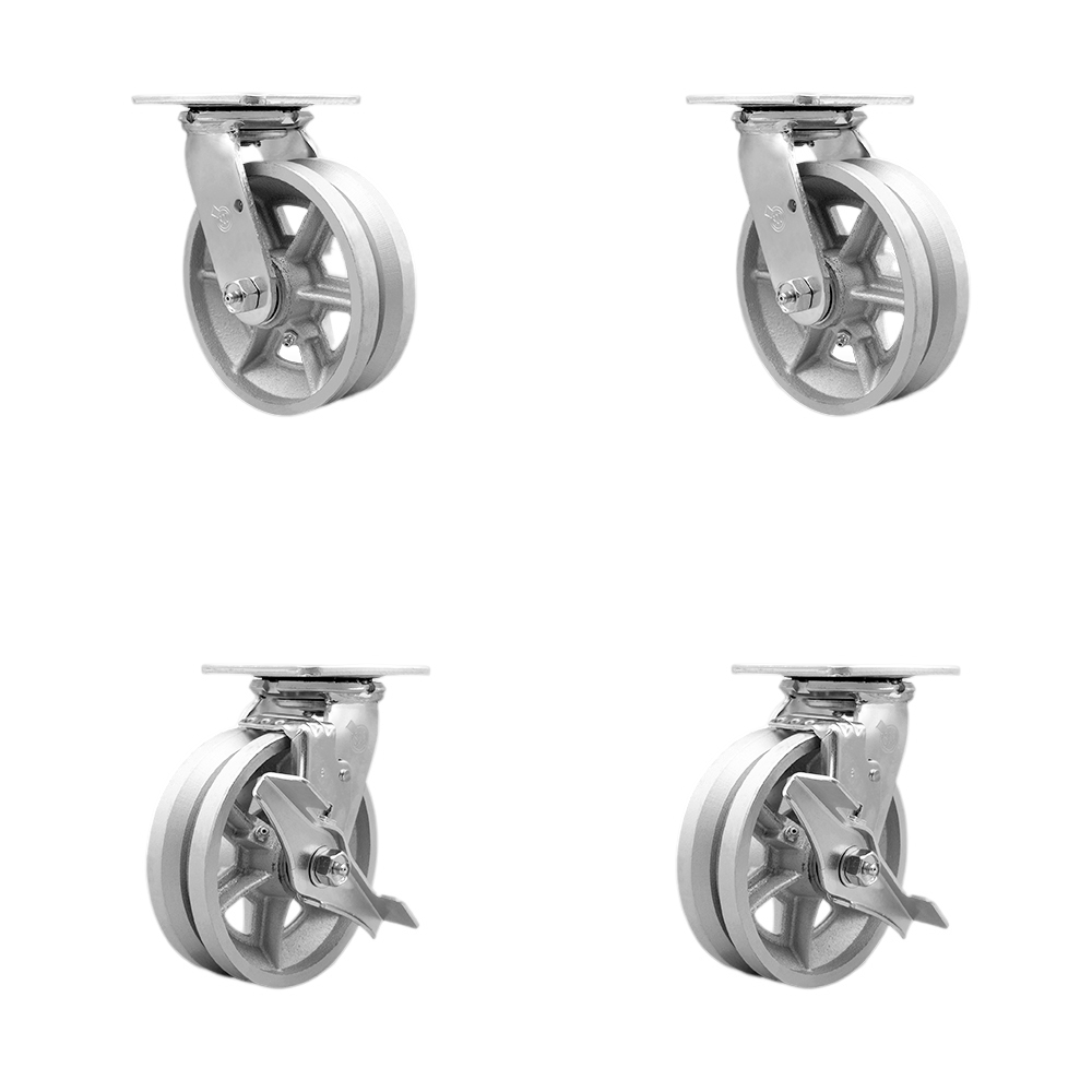 V Groove Semi Steel Cast Iron Swivel Top Plate Casters Set of 4 Heavy Duty with 6 Inch Wheels - Includes 2 Swivel with Brakes and 2 Swivel – 4,800 lbs. Total Capacity - Service Caster Brand — photo 1