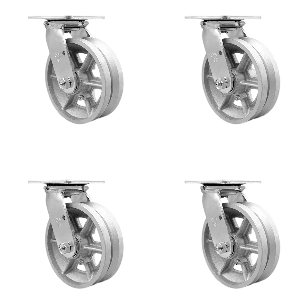 V Groove Semi Steel Cast Iron Swivel Top Plate Casters Set of 4 Heavy Duty with 6 Inch Wheels - Includes 4 Swivel – 4,800 lbs. Total Capacity - Service Caster Brand — photo 1