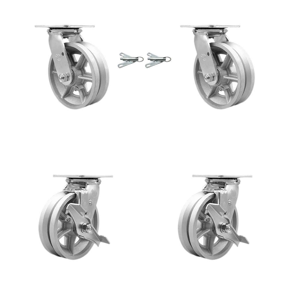 Heavy Duty Swivel Caster Set of 4 with 6 Inch V-Groove Semi Steel Cast Iron Wheels and Bronze Bearings - Includes 2 Swivel with Bolt on Swivel Locks and 2 Swivel with Brakes - Service Caster Brand — photo 1