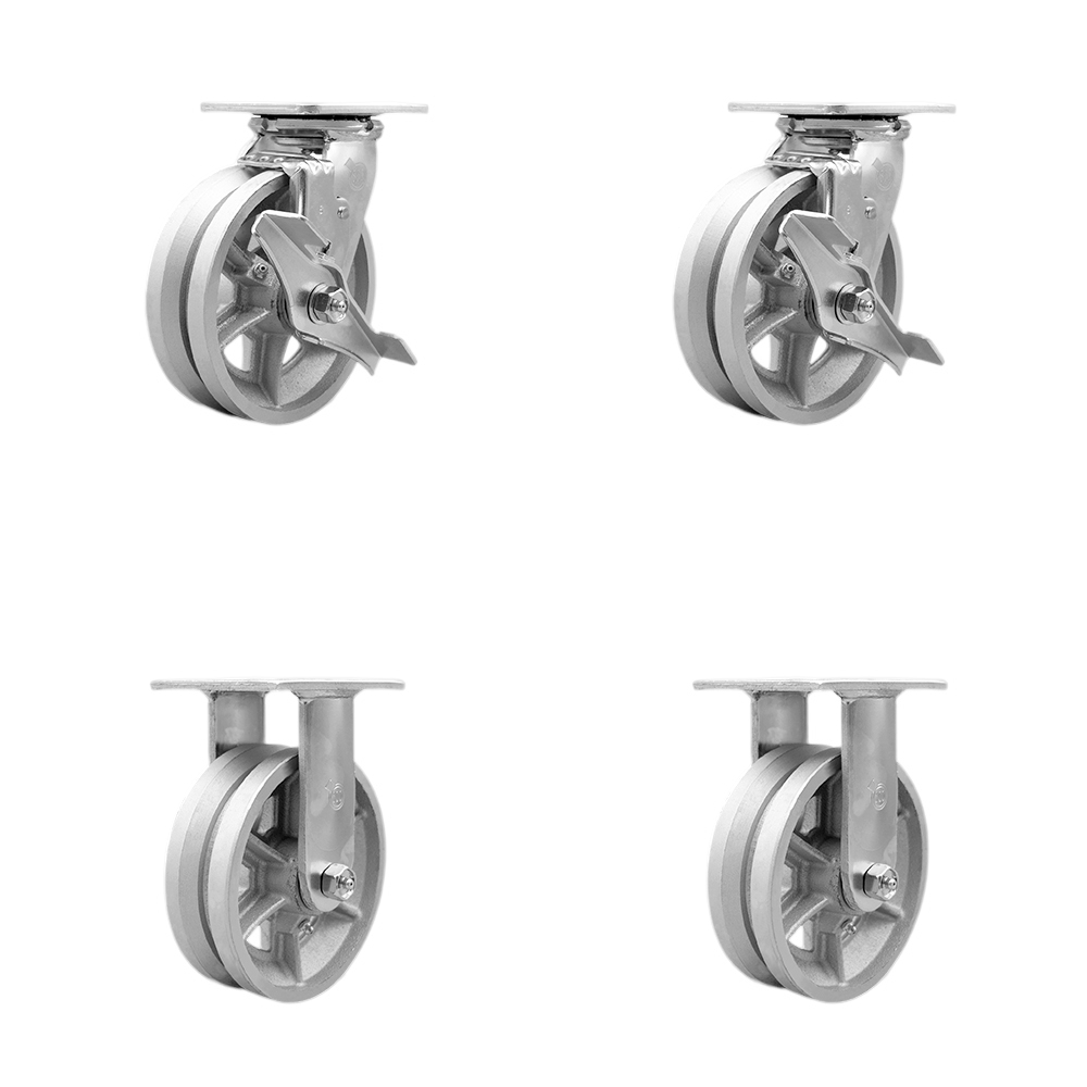Heavy Duty Swivel Caster Set of 4 with 6 Inch V Groove Semi Steel Cast Iron Wheels and Ball Bearings - Includes 2 Swivel with Brakes and 2 Rigid - 4,800 lbs. Total Capacity - Service Caster Brand — photo 1
