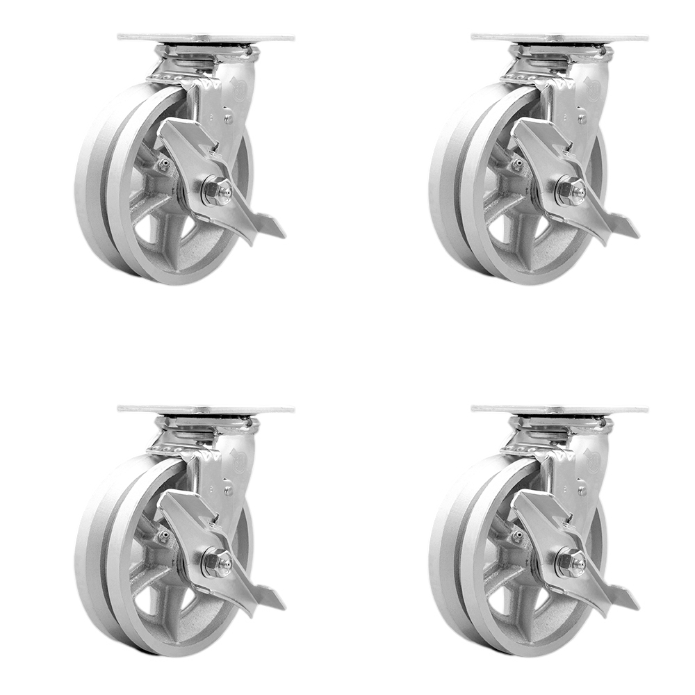 Heavy Duty Swivel Caster Set of 4 with 6 Inch V-Groove Semi Steel Cast Iron Wheels and Bronze Bearings - Includes 4 Swivel with Top Lock Brakes - 4,800 lbs. Total Capacity - Service Caster Brand — photo 1