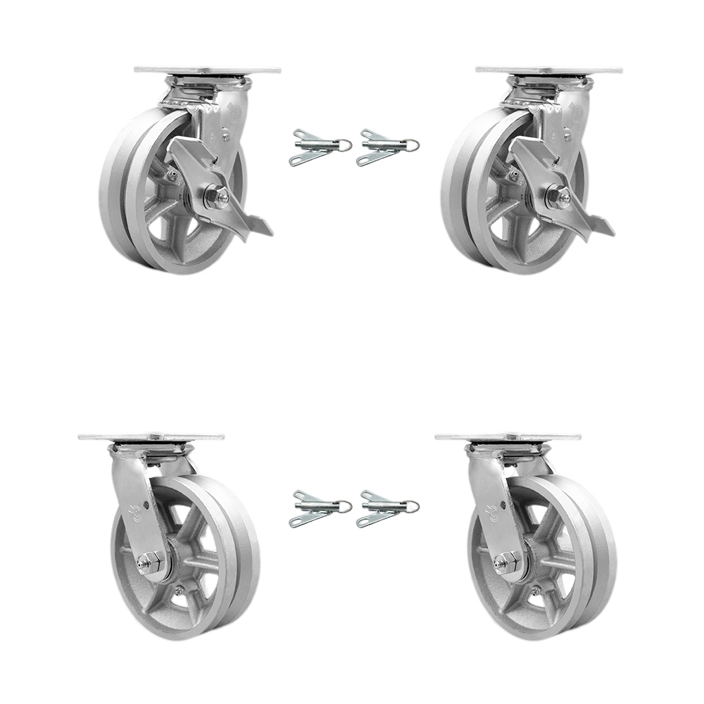 Heavy Duty Swivel Caster Set with 6 Inch V Groove Semi Steel Wheels and Ball Bearings-Includes 2 Swivel with Brakes and Bolt on Swivel Locks and 2 Swivel with Bolt on Swivel Locks-Service Caster Brand — photo 1