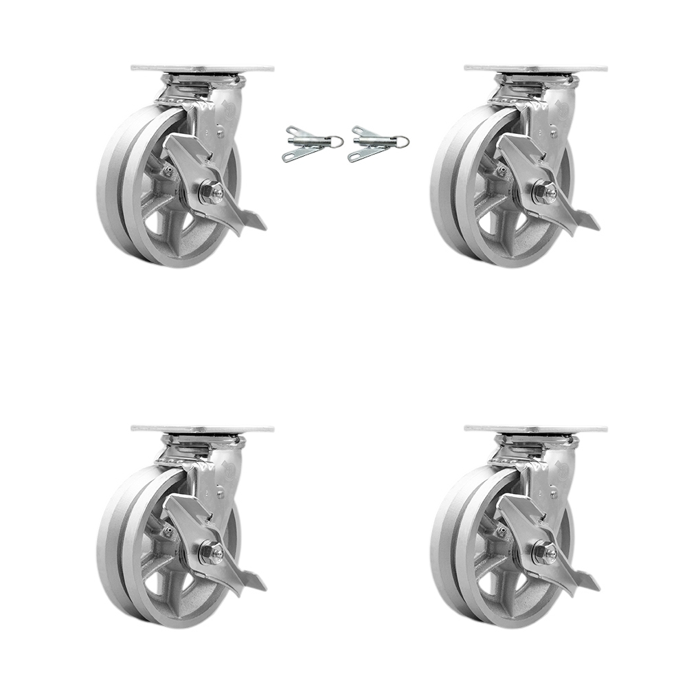 Heavy Duty Swivel Caster Set of 4 with 6 Inch V Groove Semi Steel Cast Iron Wheels and Ball Bearings-Includes 2 Swivel with Brakes and Bolt on Swivel Locks and 2 Swivel with Brake-Service Caster Brand — photo 1