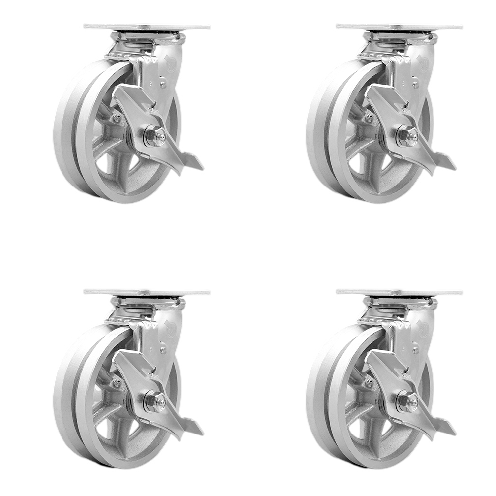 Heavy Duty Swivel Caster Set of 4 with 6 Inch V-Groove Semi Steel Cast Iron Wheels and Bronze Bearings - Includes 4 Swivel with Top Lock Brakes and Bolt on Swivel Locks - Service Caster Brand — photo 1