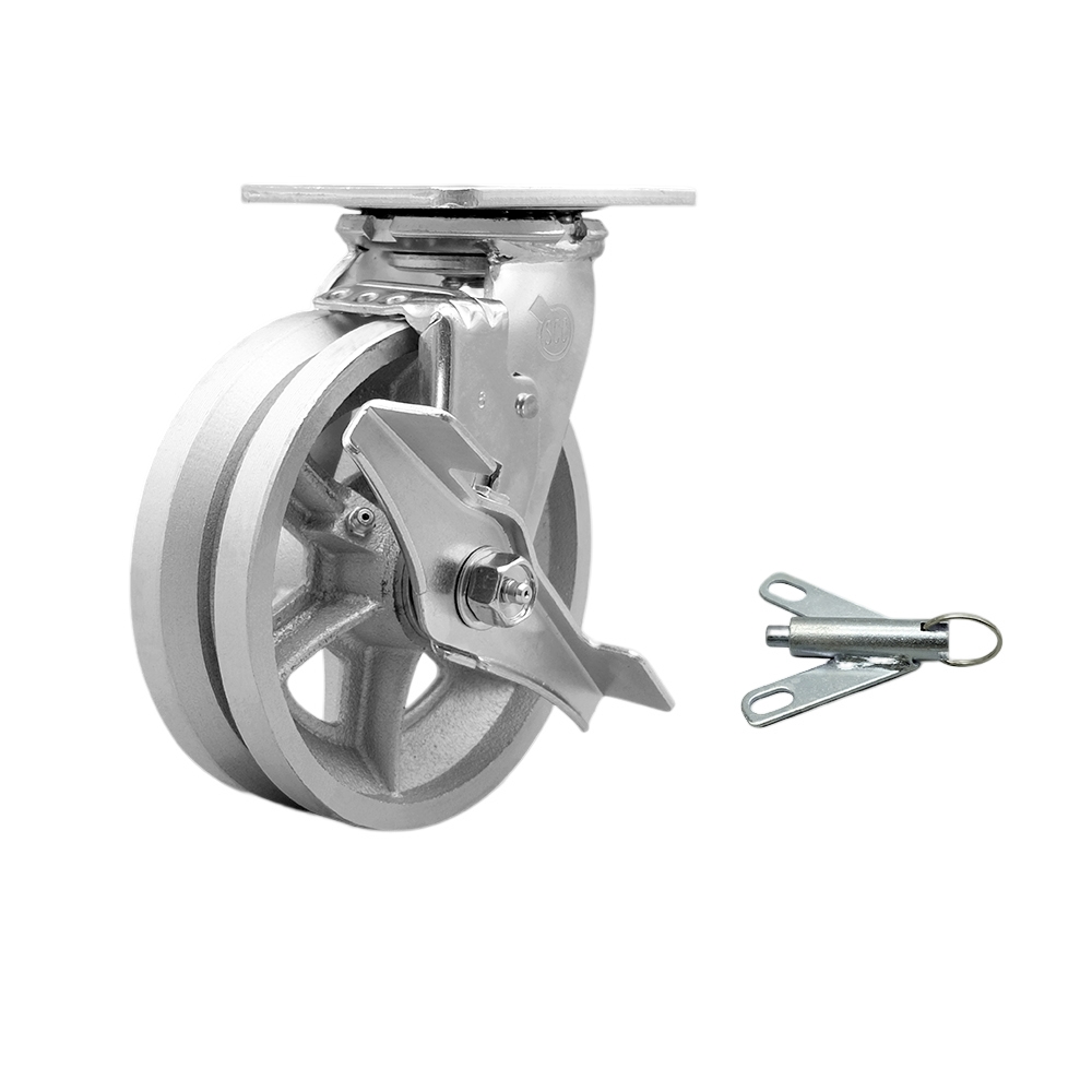 Heavy Duty Swivel Top Plate Caster with Top Lock Brake and Bolt on Swivel Lock and 6 Inch V Groove Semi Steel Cast Iron Wheel with Ball Bearings - 1,200 lbs. Capacity/Caster - Service Caster Brand — photo 1