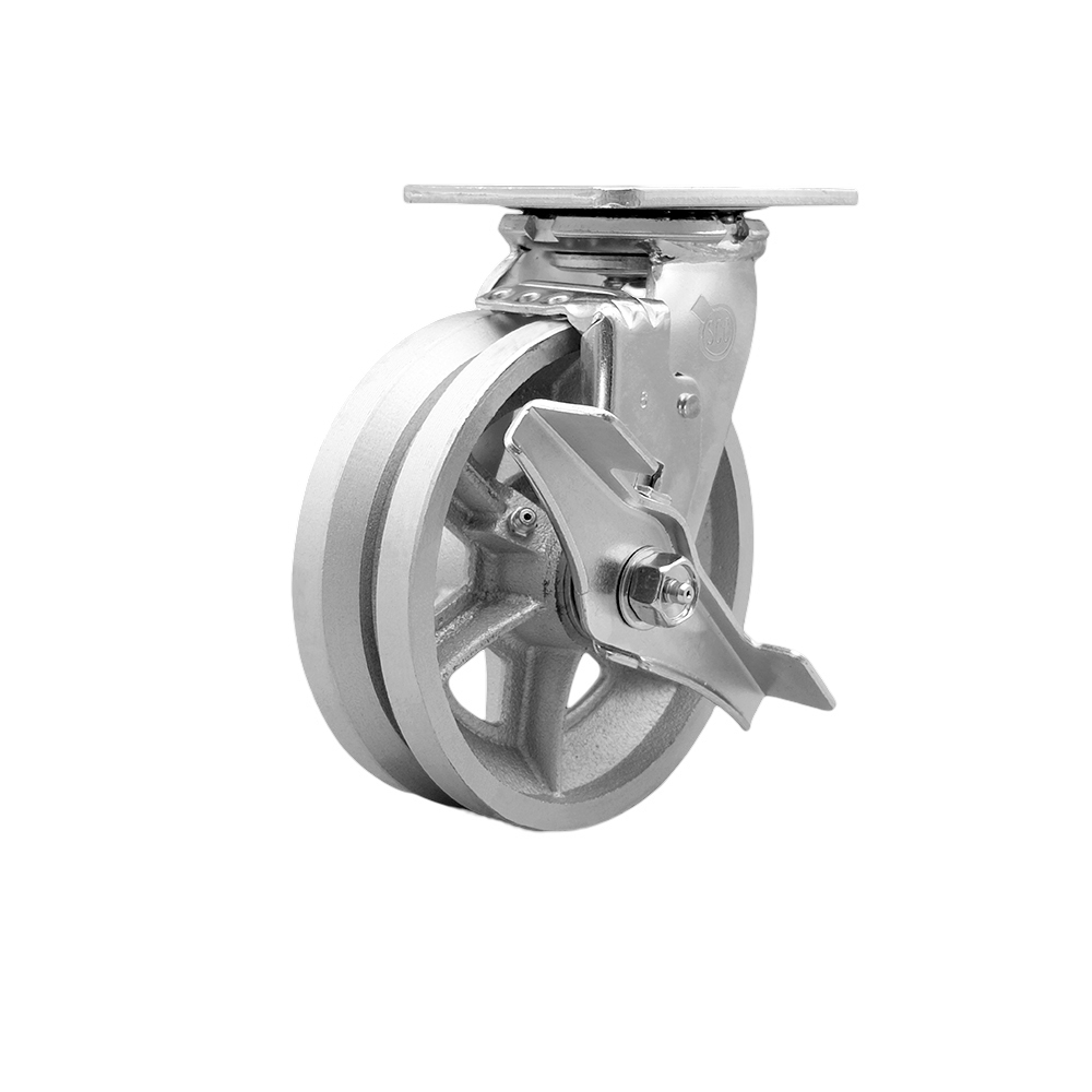 Heavy Duty Swivel Top Plate Caster with Top Lock Brake and 6 Inch V-Groove Semi Steel Cast Iron Wheel with Bronze Bearings - 1,200 lbs. Capacity/Caster - Service Caster Brand — photo 1