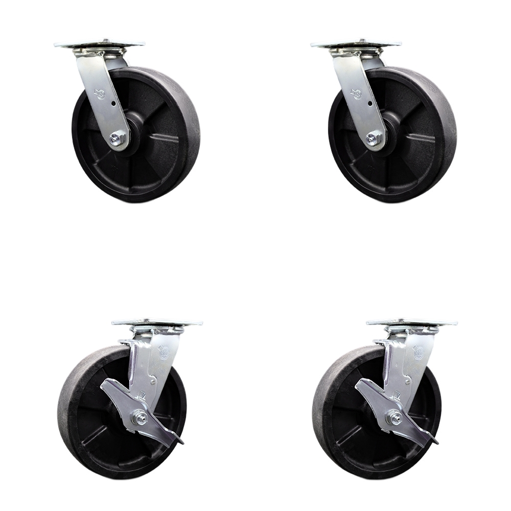 Glass Filled Nylon Swivel Top Plate Casters Set of 4 Heavy Duty with 8 Inch Wheels - Includes 2 Swivel with Brakes and 2 Swivel – 5,000 lbs. Total Capacity - Service Caster Brand — photo 1
