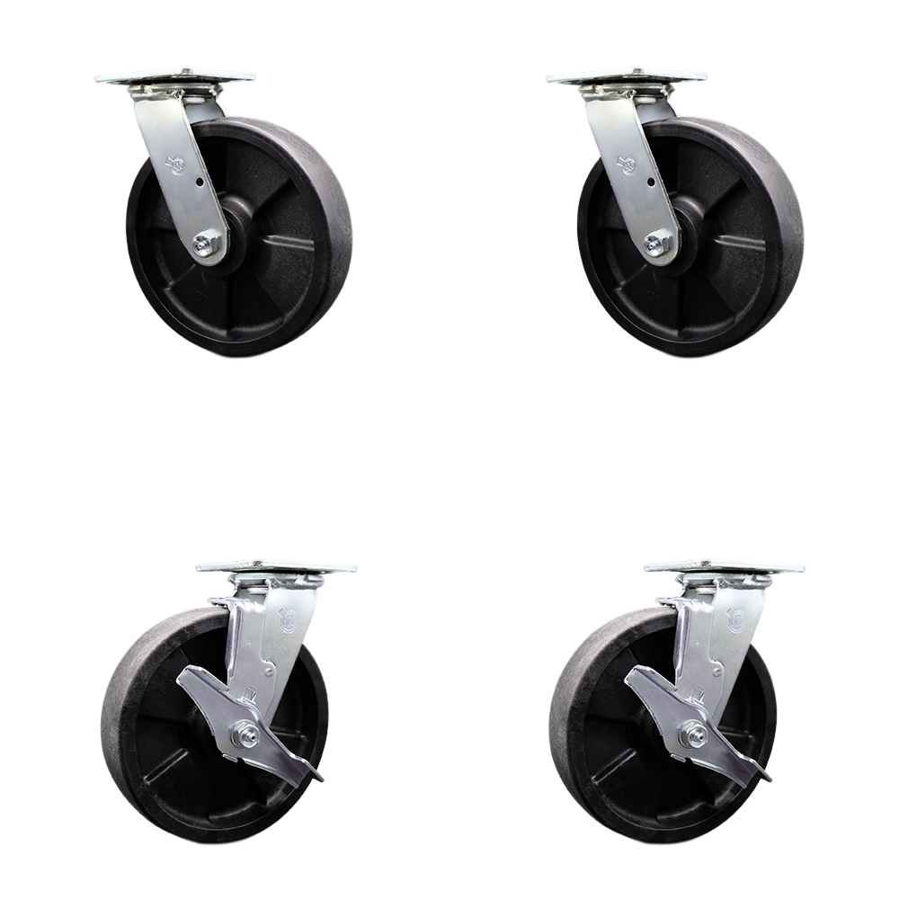 Heavy Duty Swivel Caster Set of 4 with 8 Inch High Temperature Glass Filled Nylon Wheels and Ball Bearings - Includes 2 Swivel with Bolt on Swivel Locks and 2 Swivel with Brakes - Service Caster Brand — photo 1