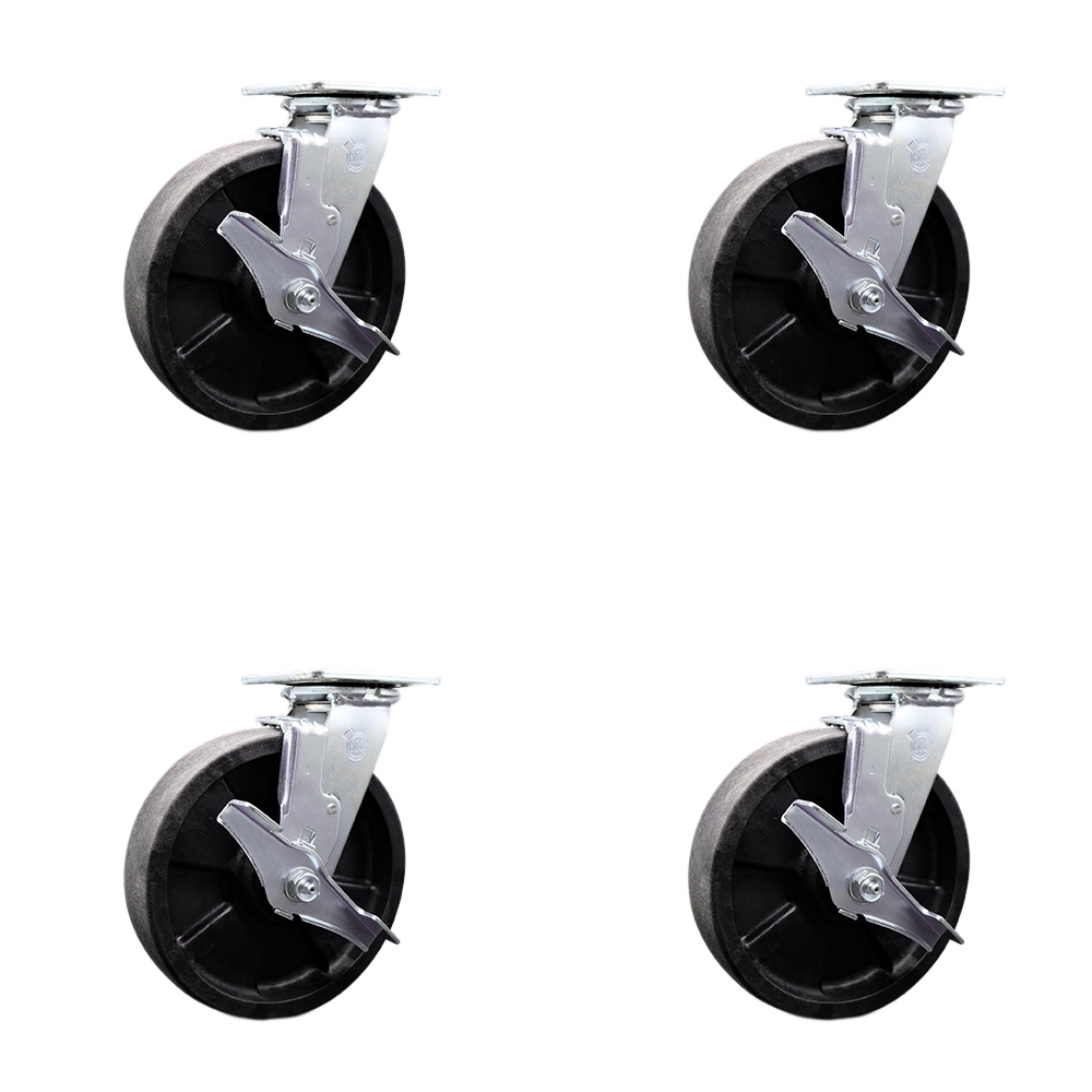 Heavy Duty Swivel Caster Set of 4 with 8 Inch High Temperature Glass Filled Nylon Wheels and Ball Bearings - Includes 4 Swivel with Top Lock Brakes - 5,000 lbs. Total Capacity - Service Caster Brand — photo 1