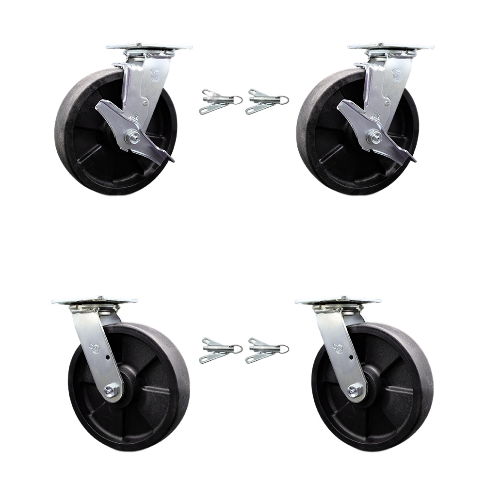 Heavy Duty Swivel Caster Set with 8 Inch High Temp Glass Filled Nylon Wheels and Ball Bearing-Include 2 Swivel with Brake&Bolt on Swivel Lock and 2 Swivel with Bolt on Swivel Lock-Service Caster Brand — photo 1